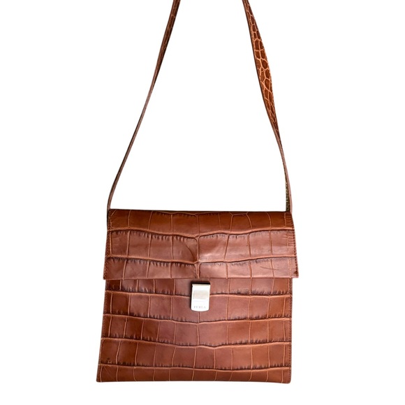 NEW Furla Crocodile Flap Bag British Tan Embossed Leather Italian Shoulder Bag - Picture 7 of 17